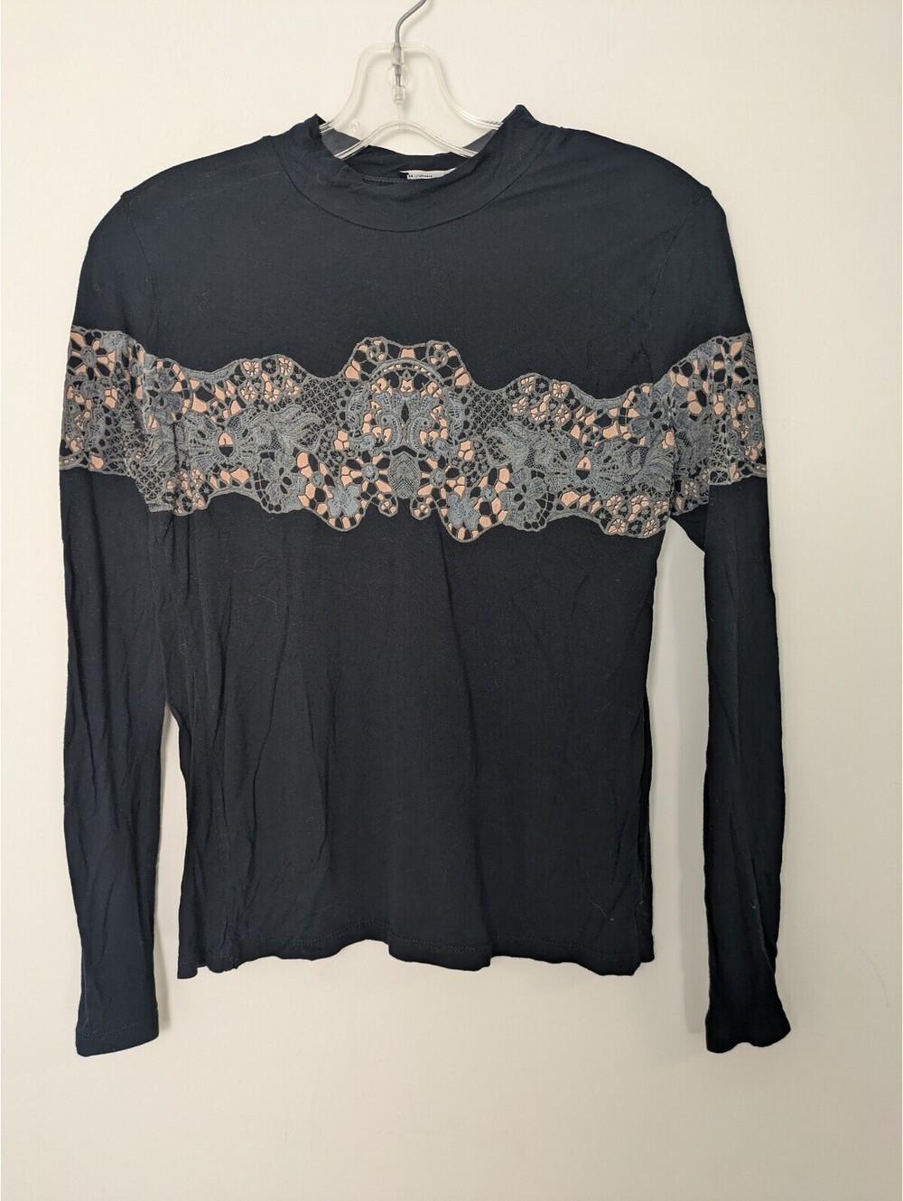 Women's Black Mock Neck Lace Trim Long Sleeve Top Shirt Medium